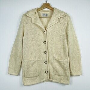 SAKRI Vintage Beige‎ Nubby Cable Knit Cardigan Sweater Button Front Womens Small